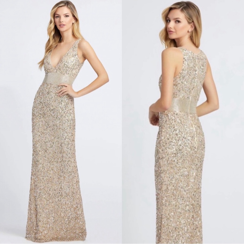Mac Duggal New 4930 Sequined Gown Maxi Dress In Gold Size 2